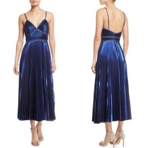 MARCHESA NOTTE Pleated Metallic Midi Dress Blue Sz 4